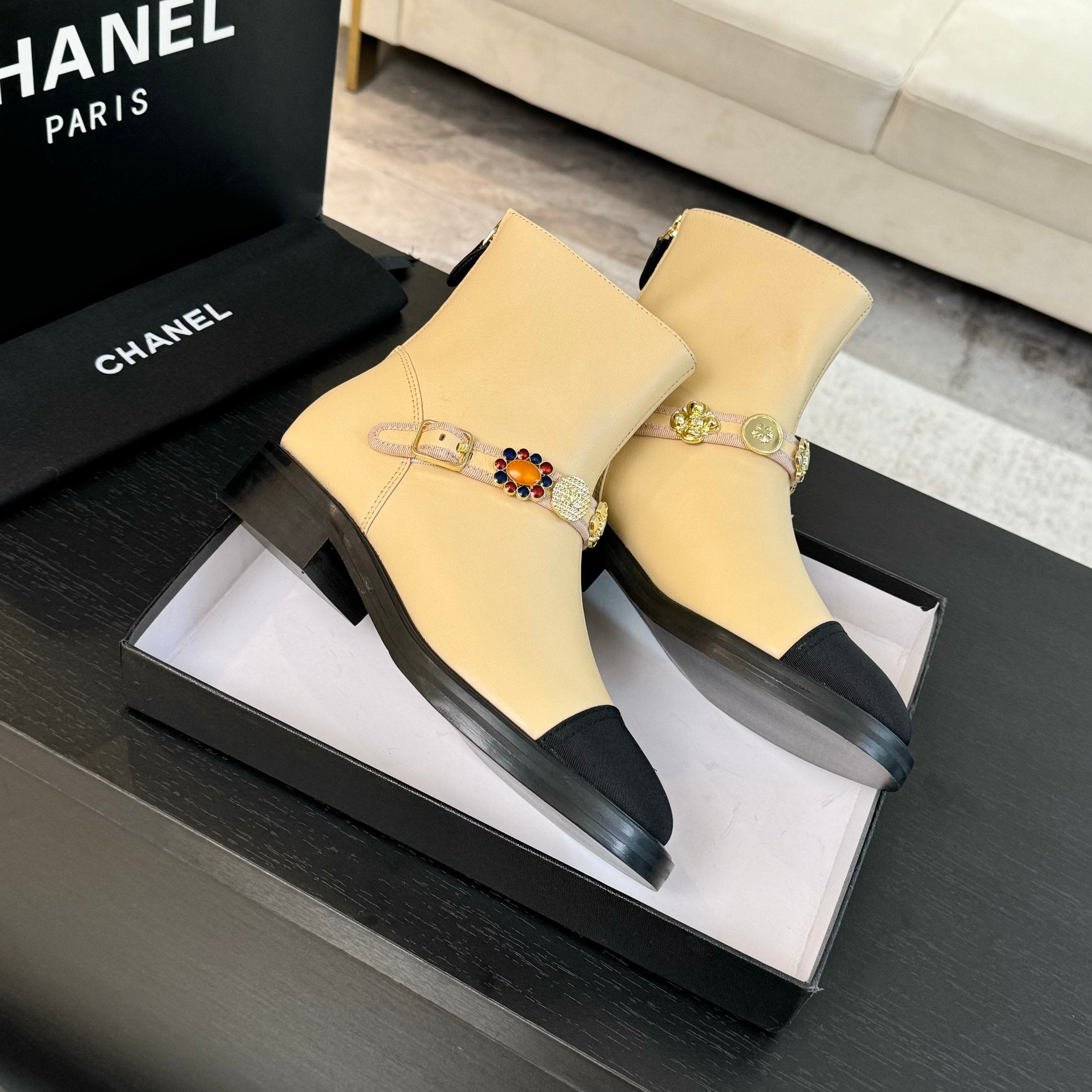 CC Short boots Beige Cowhide Mix Fabric Denim