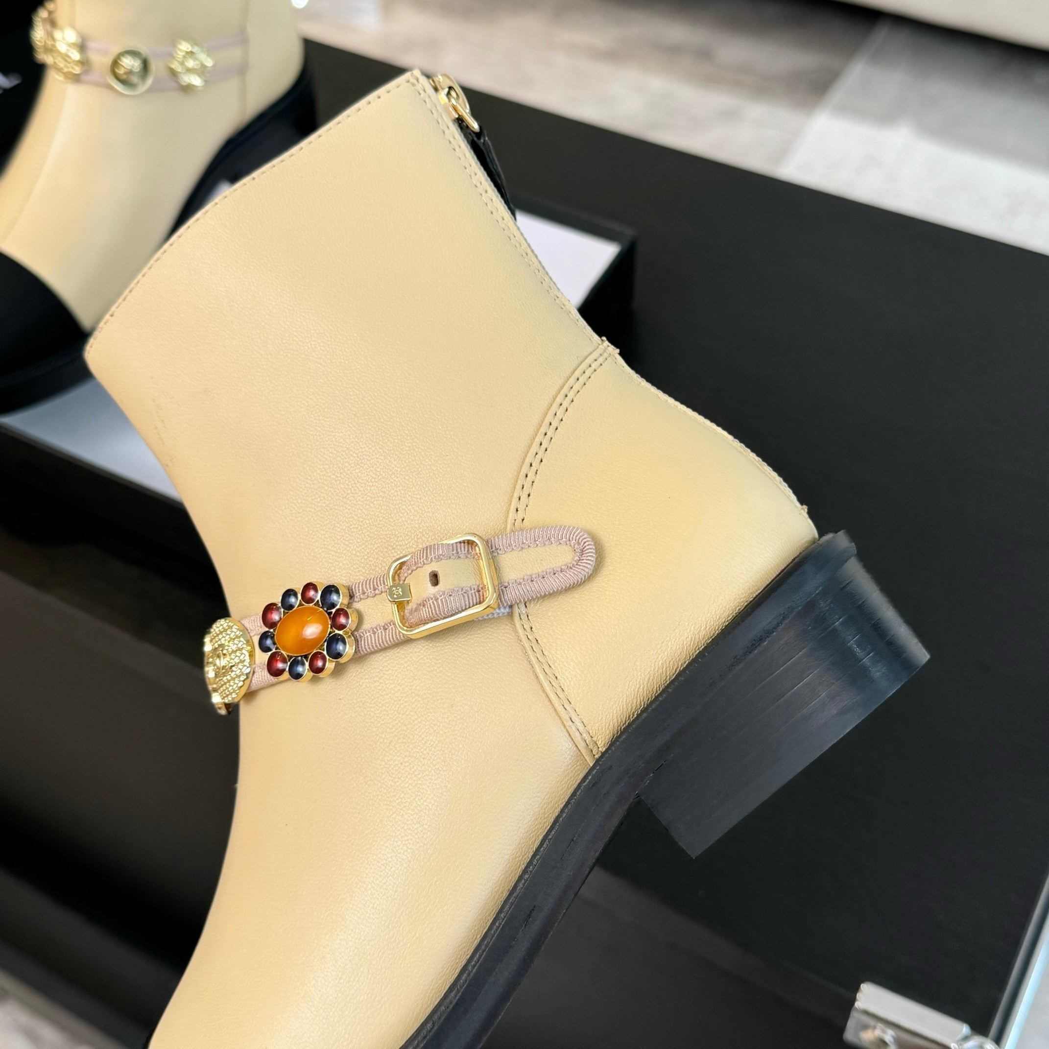 CC Short boots Beige Cowhide Mix Fabric Denim