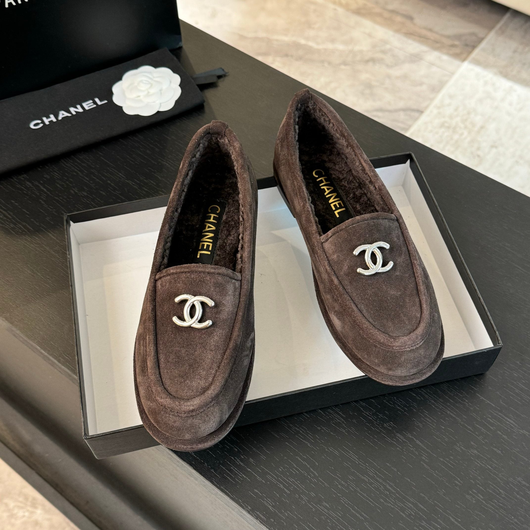 CC Moccasins Gray Brown Suede And Wool