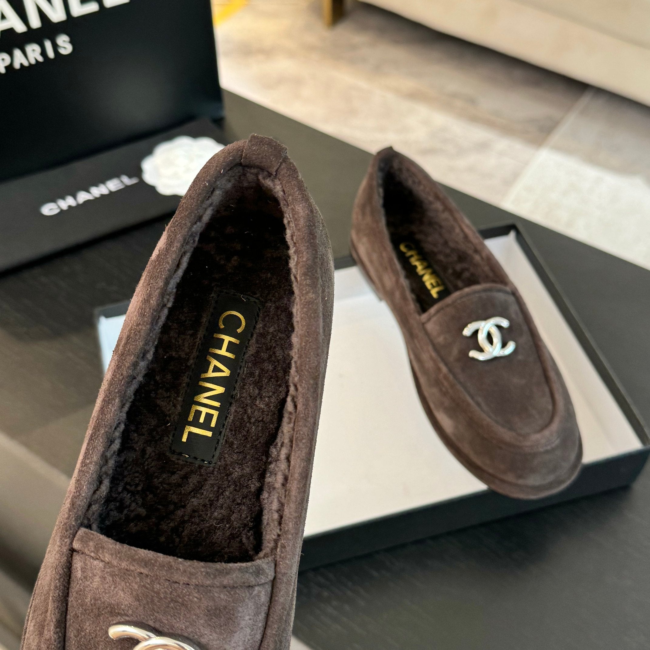 CC Moccasins Gray Brown Suede And Wool