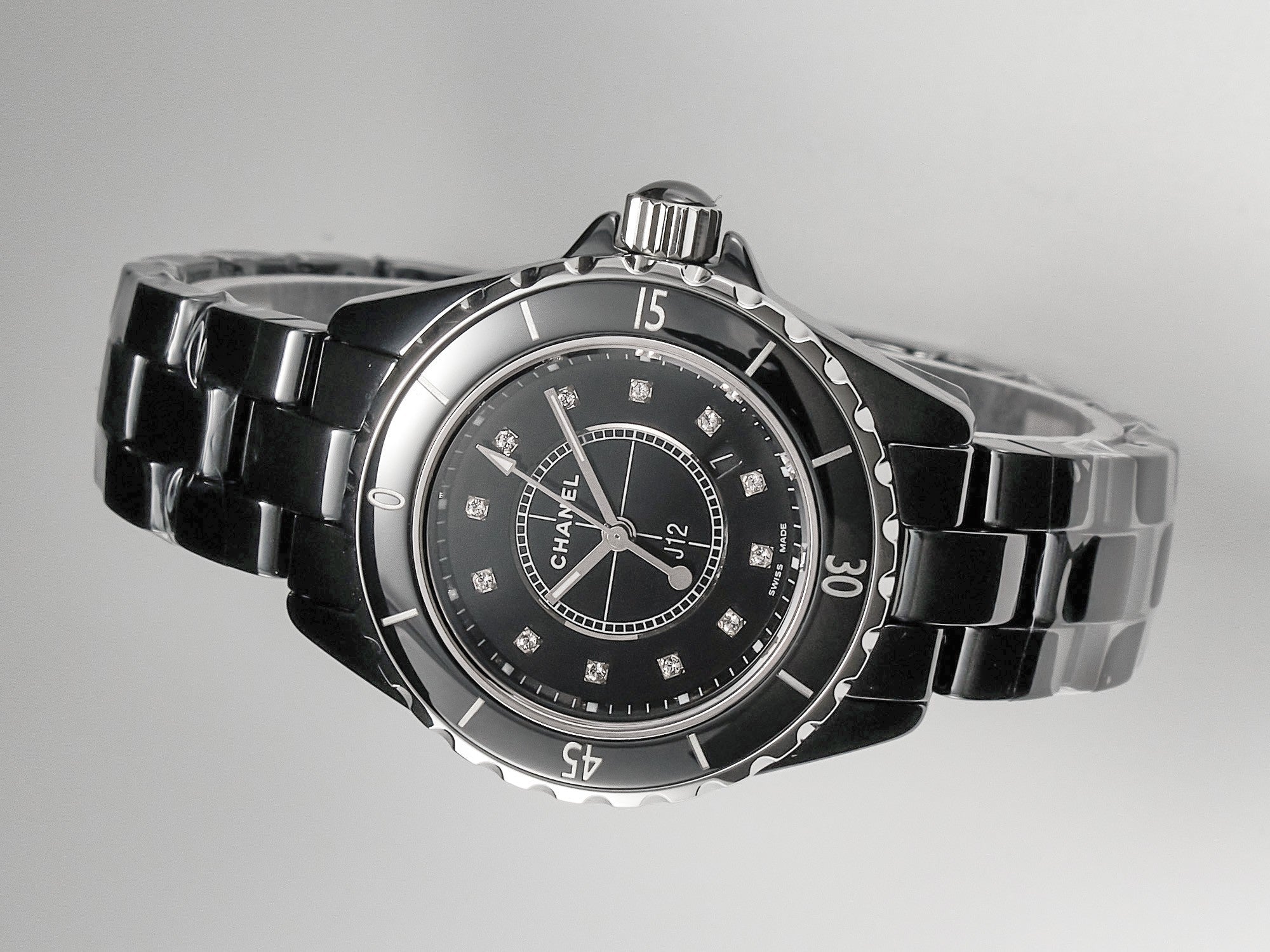 J12 Date Quartz Black Ceramic Diamond Numerals Black Dial