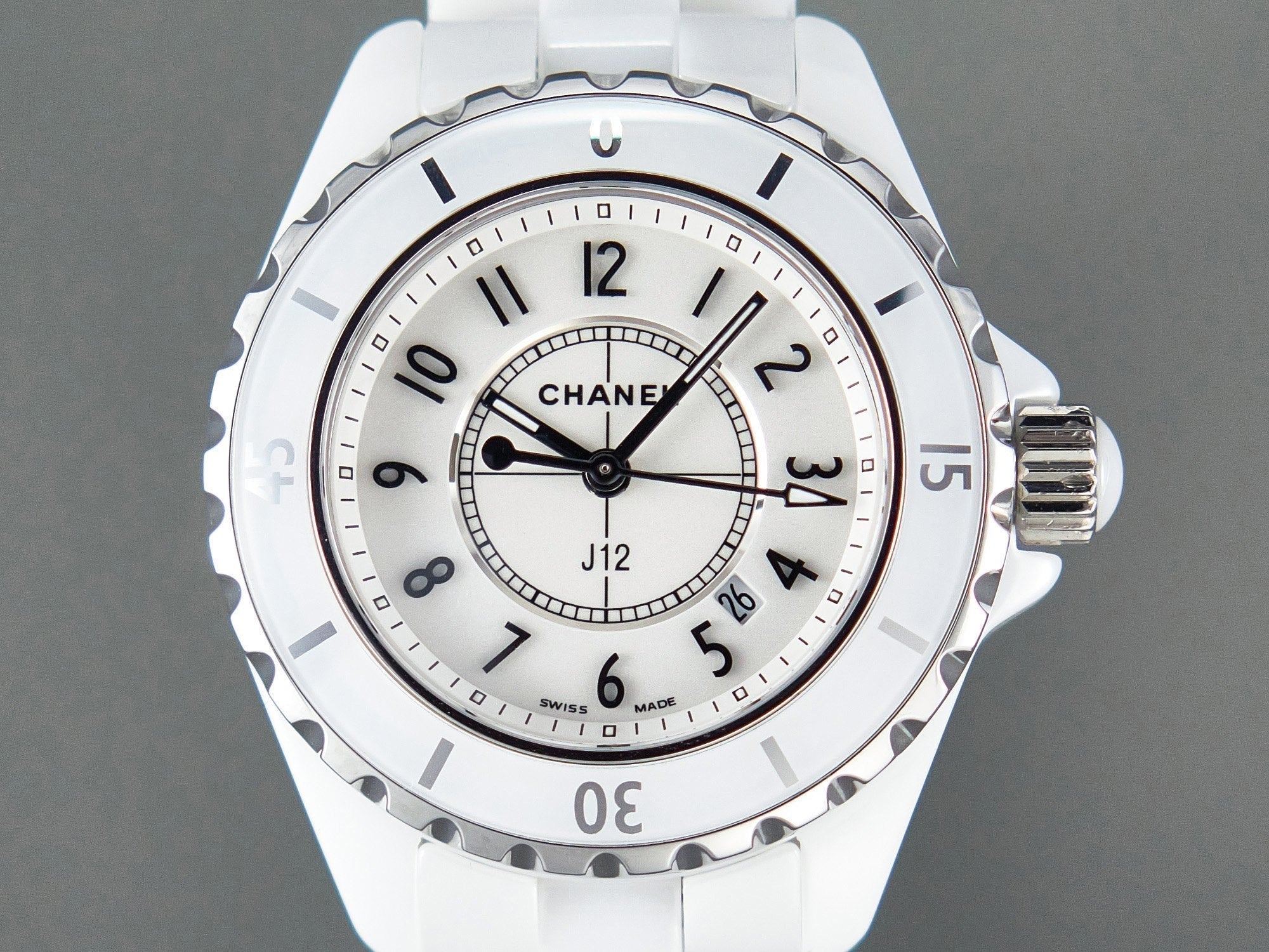 J12 Date Quartz White Ceramic Black Numerals White Dial