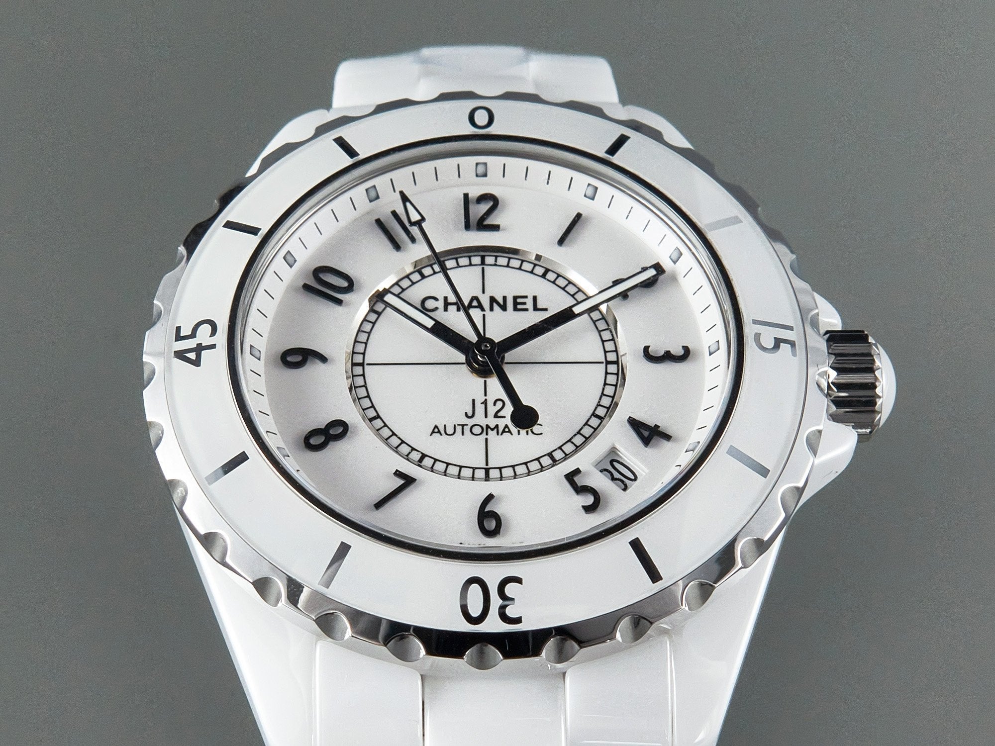 J12 Date Automatic White Ceramic Black Numerals White Dial