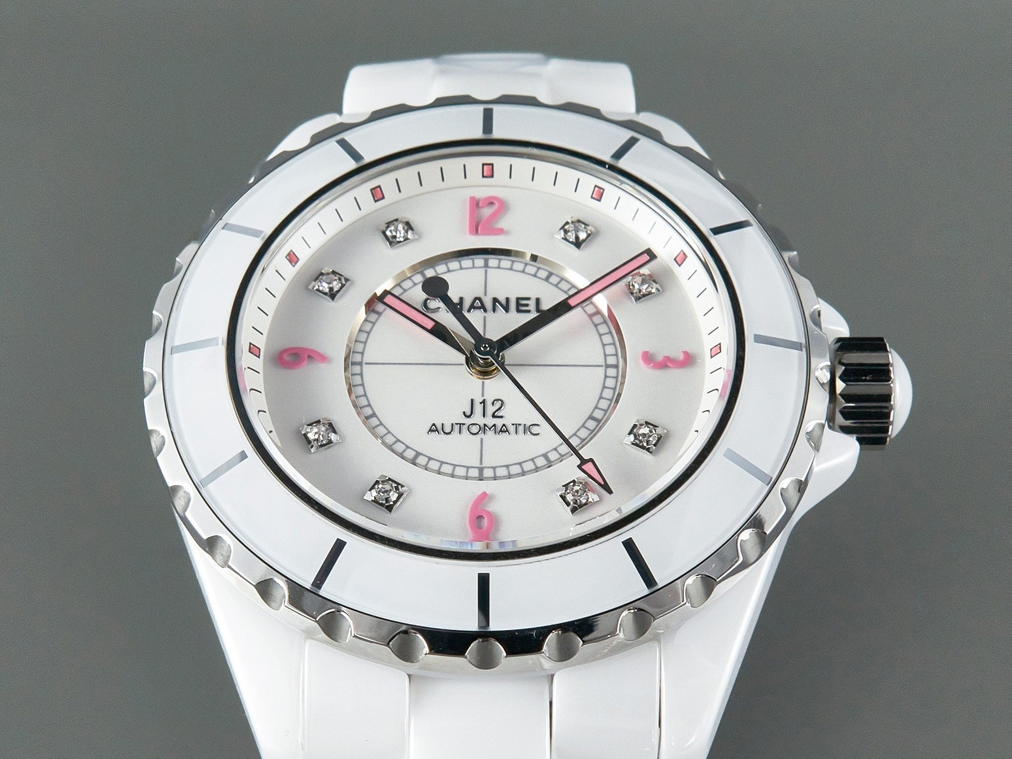 J12 Automatic White Ceramic Pink Diamond Numerals White Dial