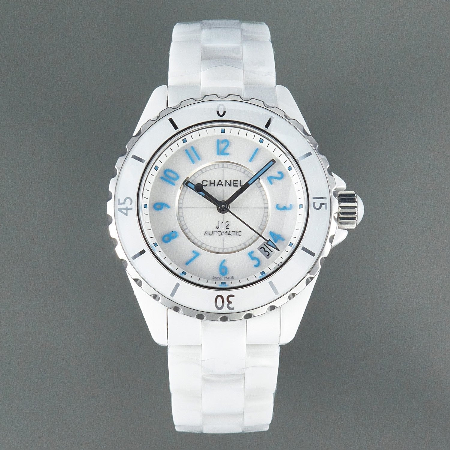 J12 Date Automatic White Ceramic Blue Numerals White Dial
