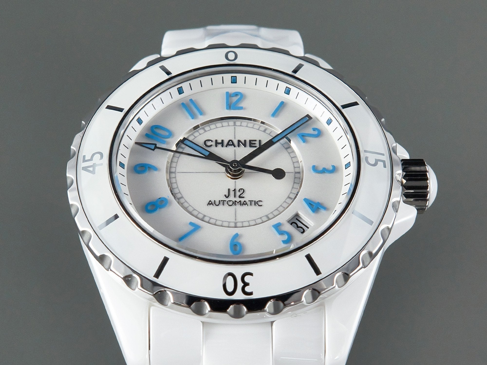 J12 Date Automatic White Ceramic Blue Numerals White Dial