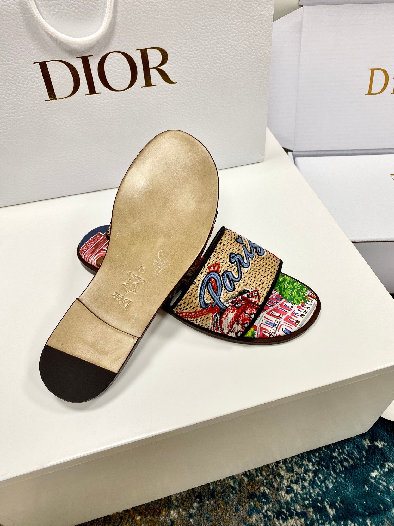 CD 26s Embroidered Sandals Beige Multicolor Canvas Leather 683009