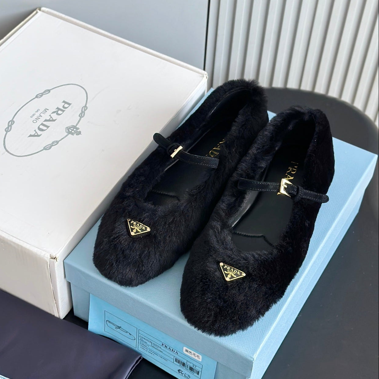 Prada 25s Mary Jane Ballet Flats Black Wool 538454