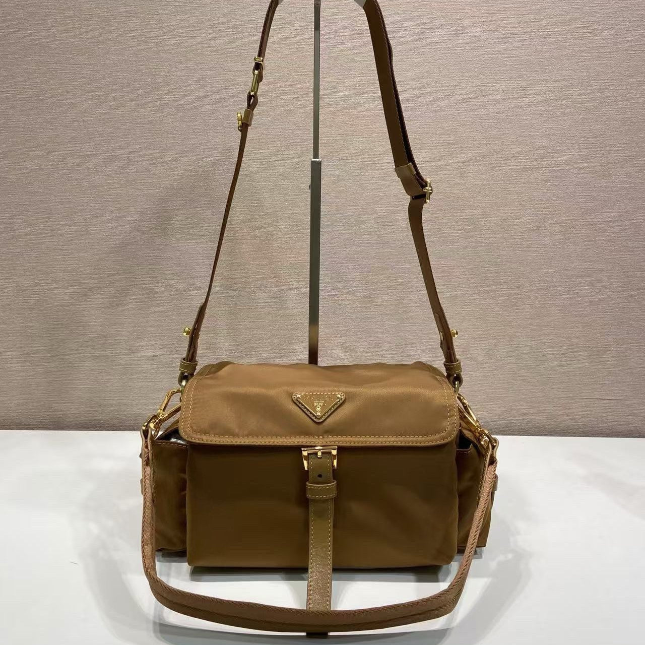 PRA Shoulder Bag Brown Re-Nylon and Saffiano Leather