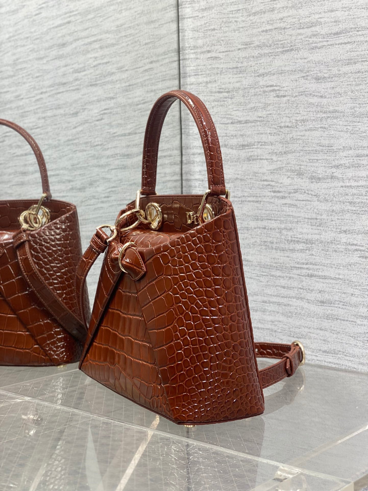 Dior 2025 Crocodile Pattern Bag 28cm Brown Leather 272523