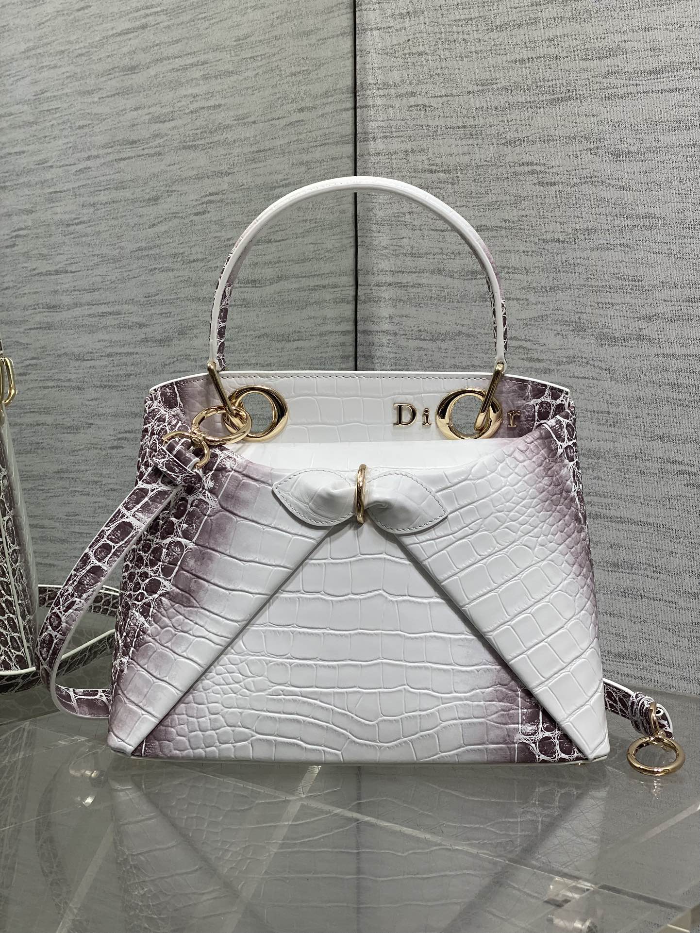 Dior 2025 Crocodile Pattern Bag 28cm White Purple Leather 272527