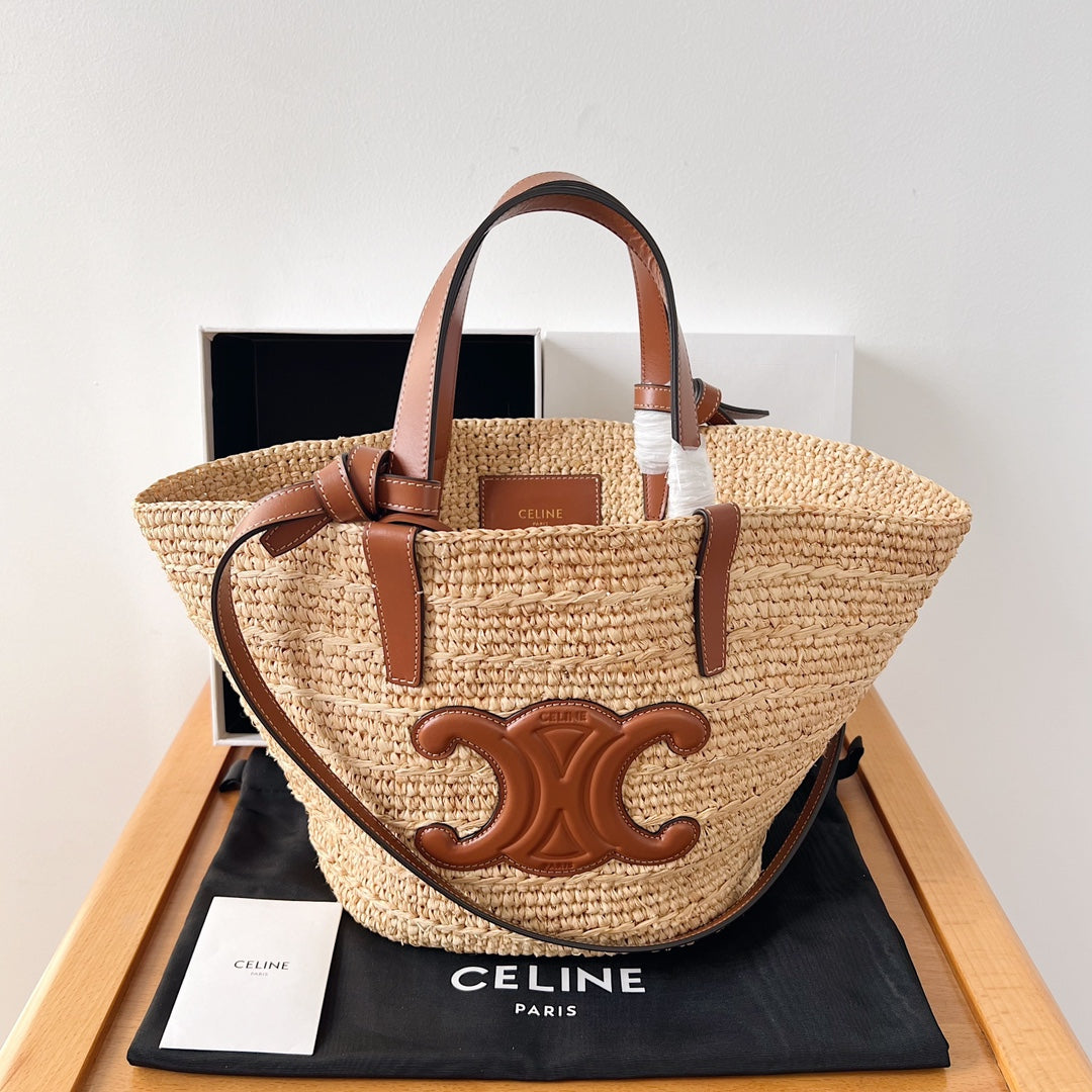 Celine Teen Supple Classic Panier 22cm Brown Calfskin Beige Raffia