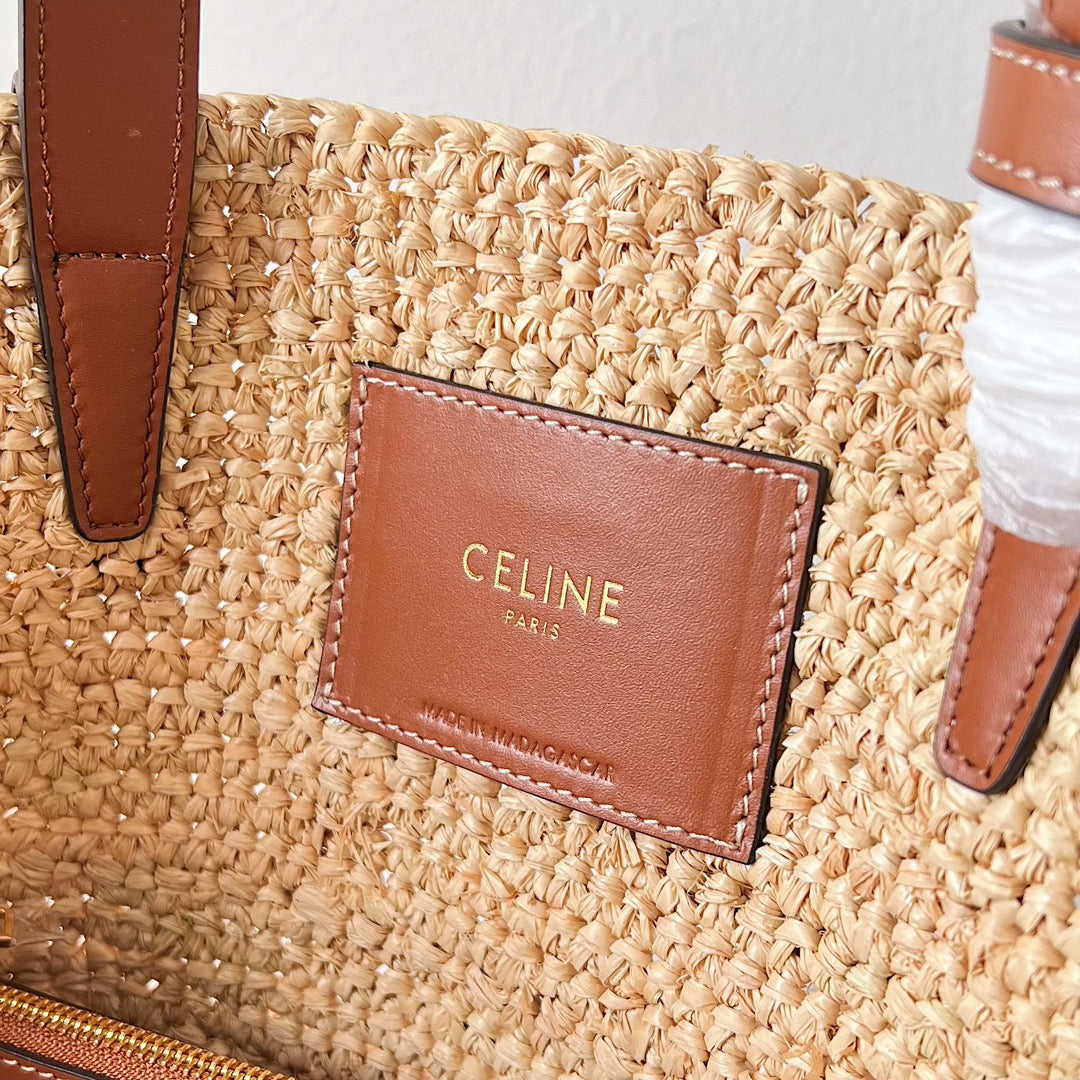 Celine Teen Supple Classic Panier 22cm Brown Calfskin Beige Raffia