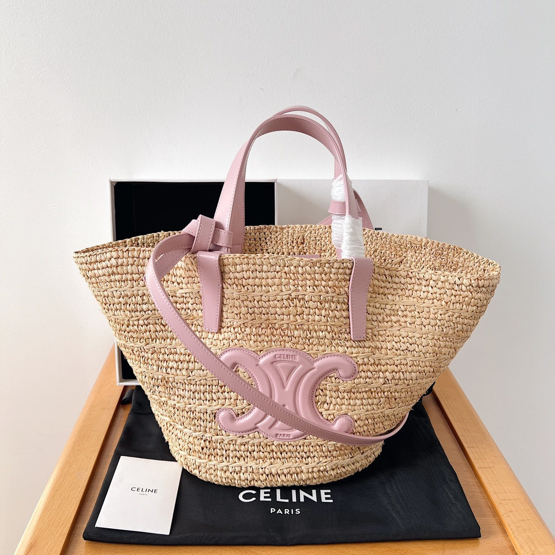 Celine Teen Supple Classic Panier 22cm Pink Calfskin Beige Raffia