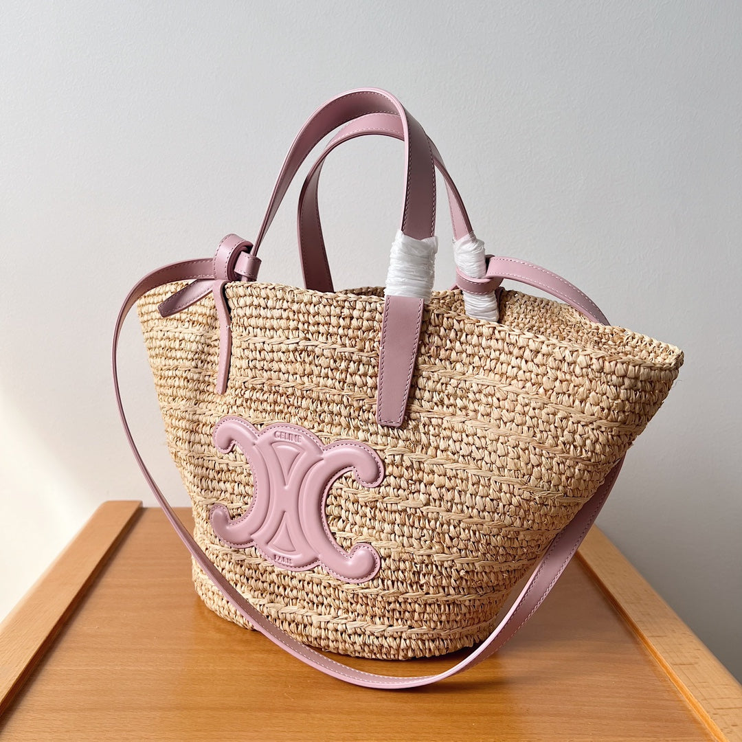 Celine Teen Supple Classic Panier 22cm Pink Calfskin Beige Raffia