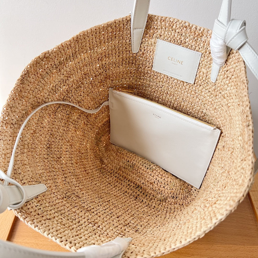 Celine Teen Supple Classic Panier 22cm White Calfskin Beige Raffia