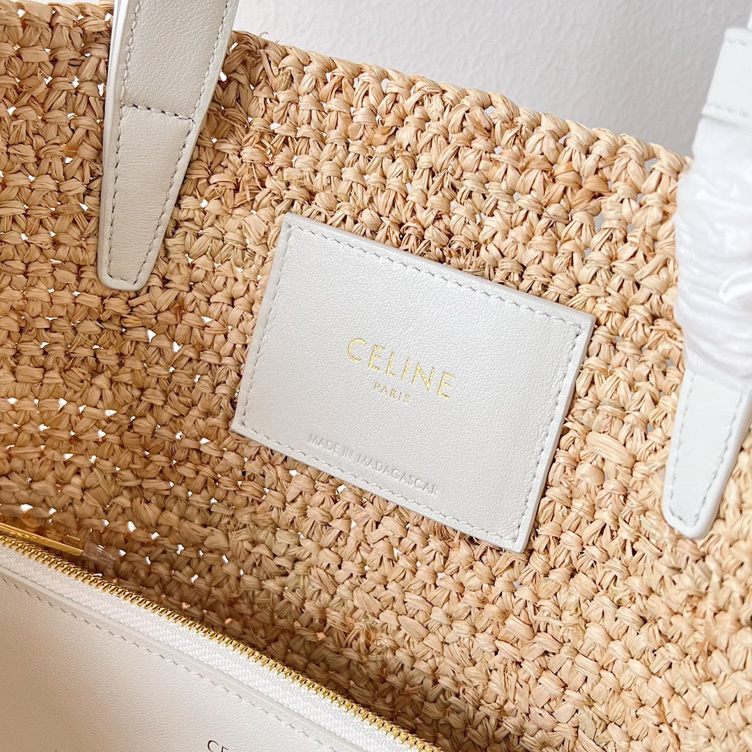 Celine Teen Supple Classic Panier 22cm White Calfskin Beige Raffia