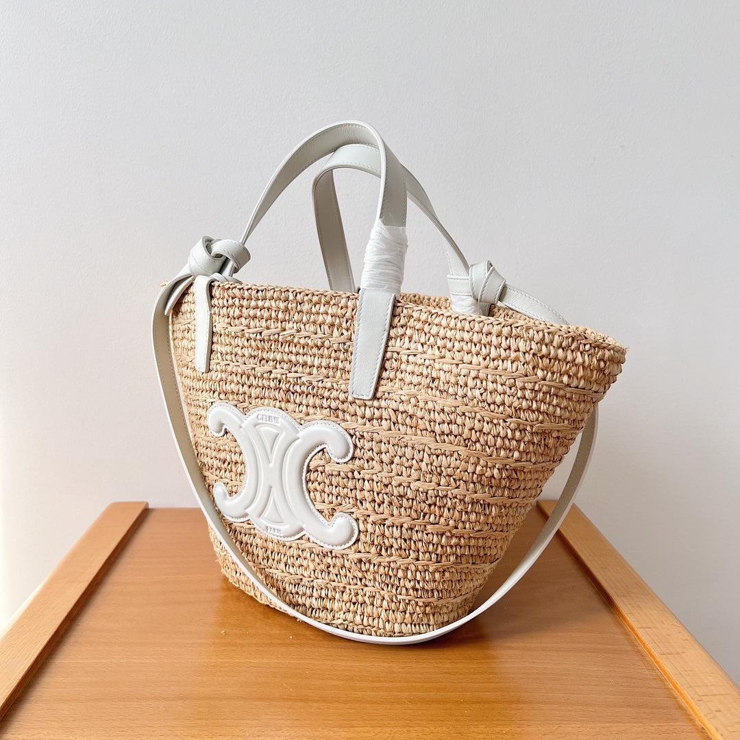 Celine Teen Supple Classic Panier 22cm White Calfskin Beige Raffia