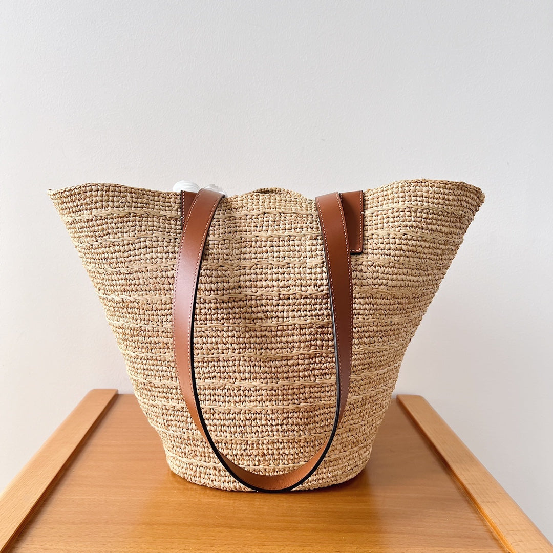 Celine Medium Supple Classic Panier 30cm Brown Calfskin Beige Raffia