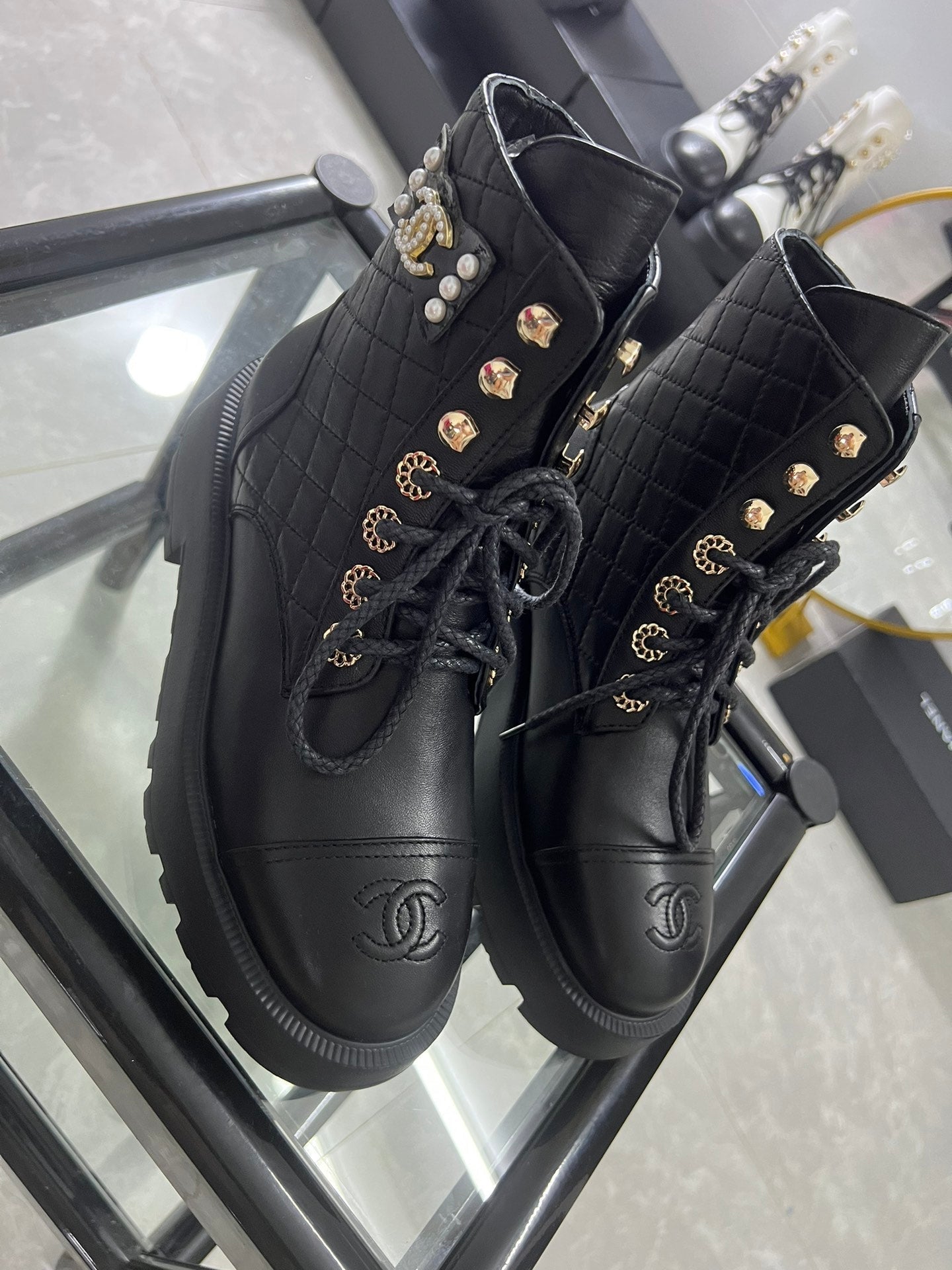 CC Combat Boots Black Quilted Lambskin 944572