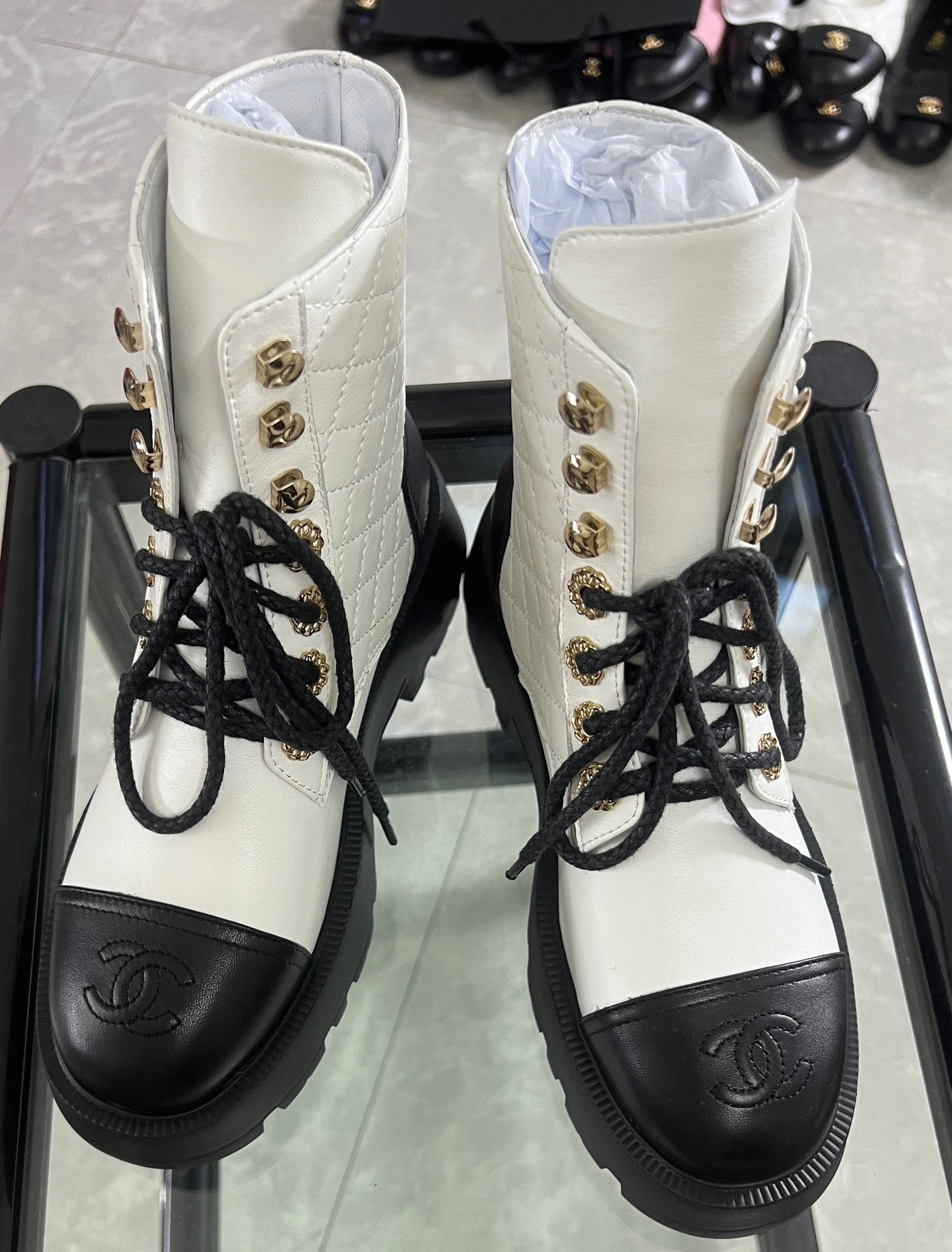 CC Combat Boots White Black Quilted Lambskin 944574