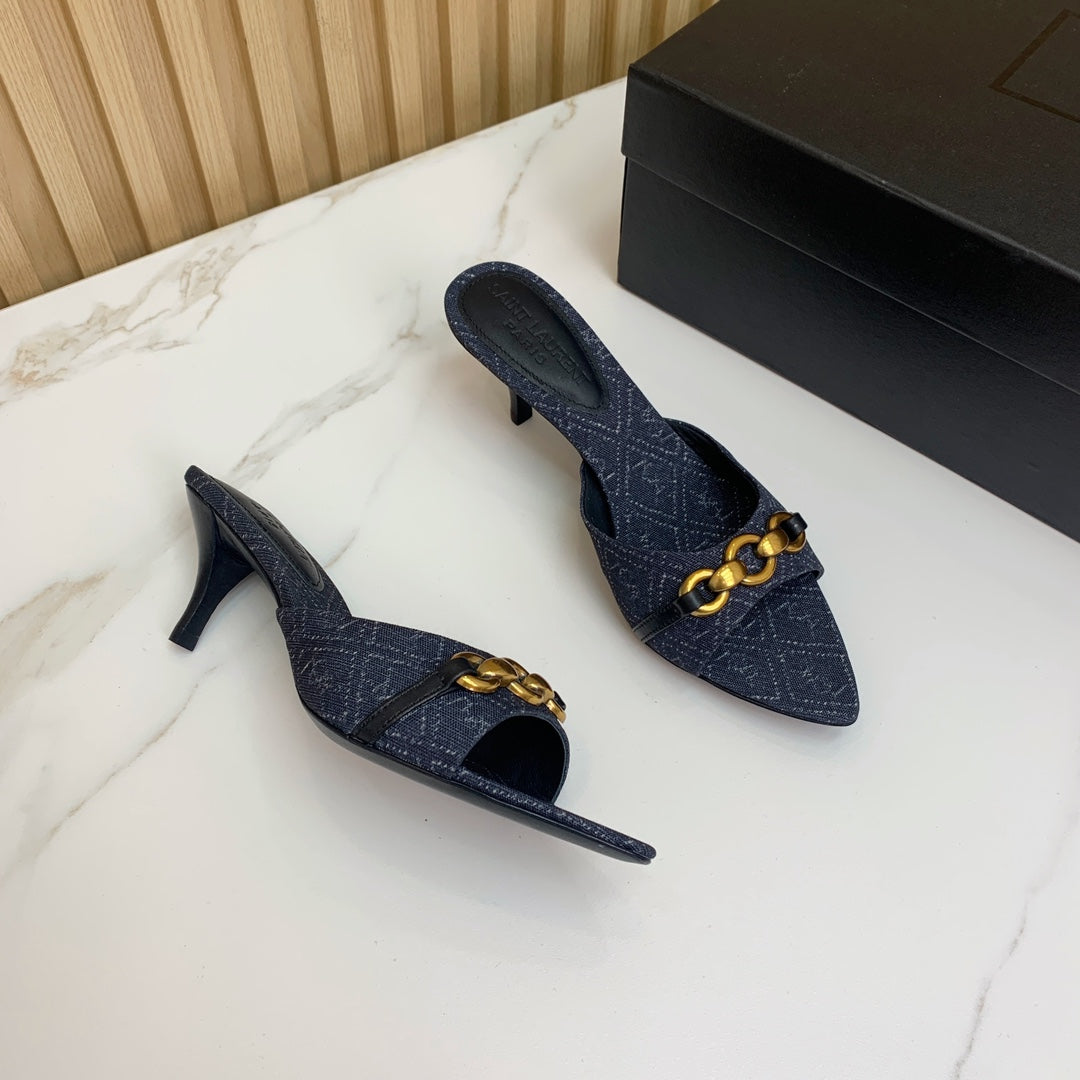 SL CHAIN ATTACH HEELED MULES INDIGO DENIM