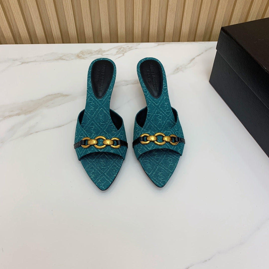 SL CHAIN ATTACH HEELED MULES SAPPHIRE DENIM