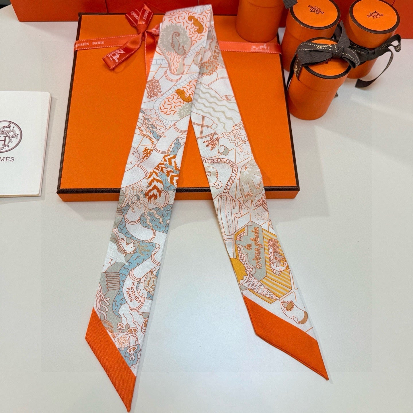 HM Twilly Mini Scarf 86CM Beige Orange Colorful Mulberry Silk 957047