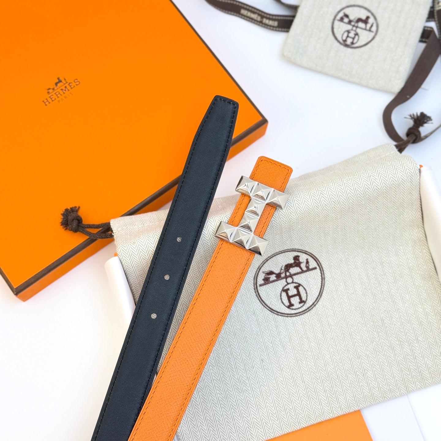 HM Infini Reversible Belt 24mm Orange Epsom Silver Buckle