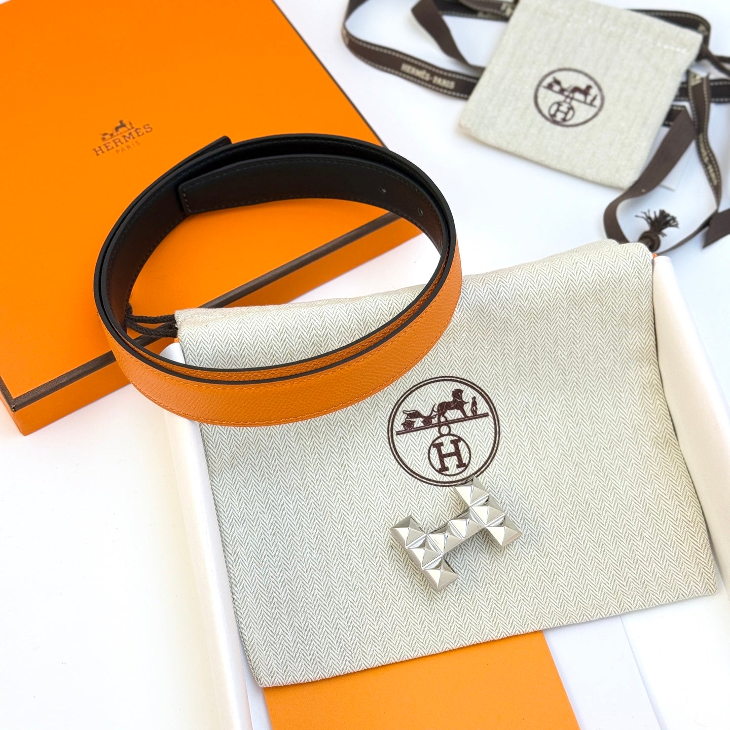 HM Infini Reversible Belt 24mm Orange Epsom Silver Buckle