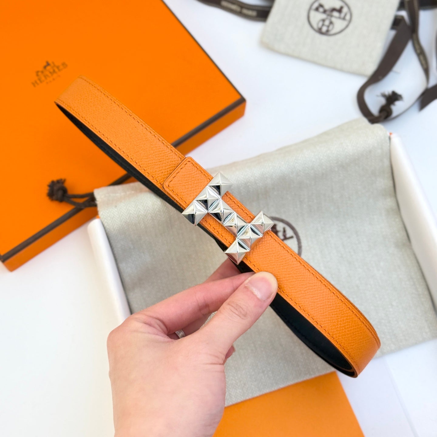 HM Infini Reversible Belt 24mm Orange Epsom Silver Buckle