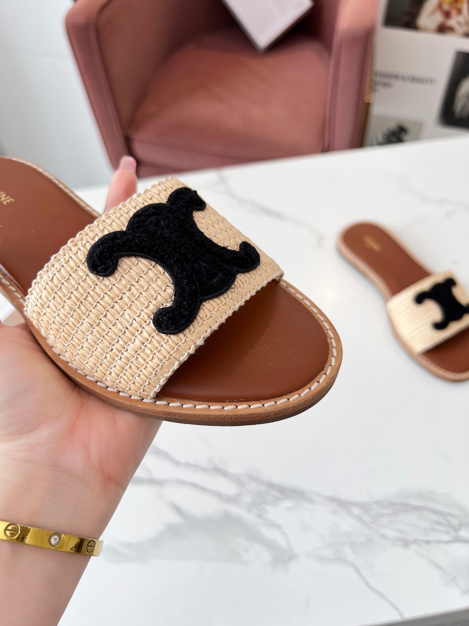 Celine 25C Slippers Beige mix Black Fabric with Calfskin 238156