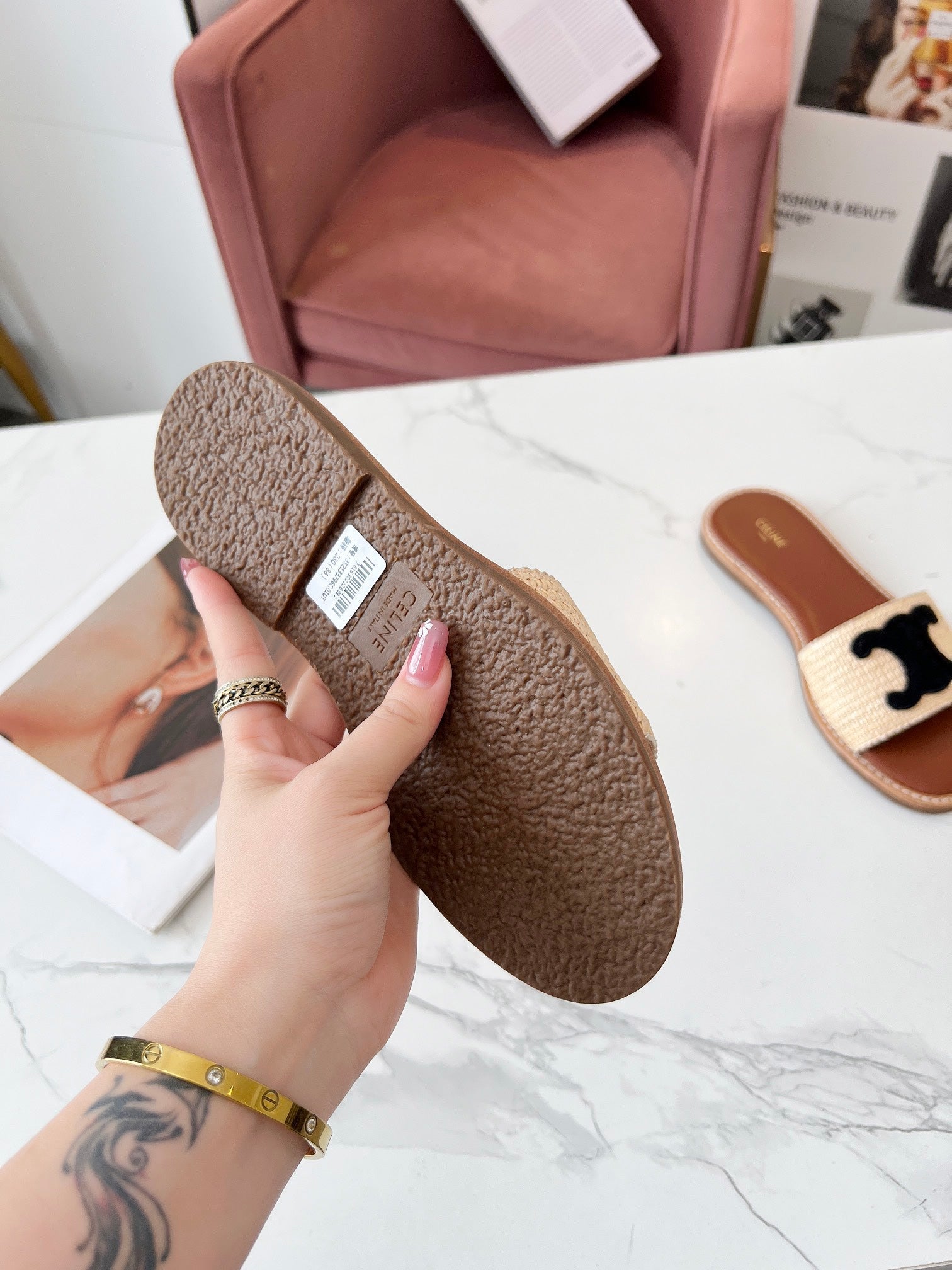 Celine 25C Slippers Beige mix Black Fabric with Calfskin 238156