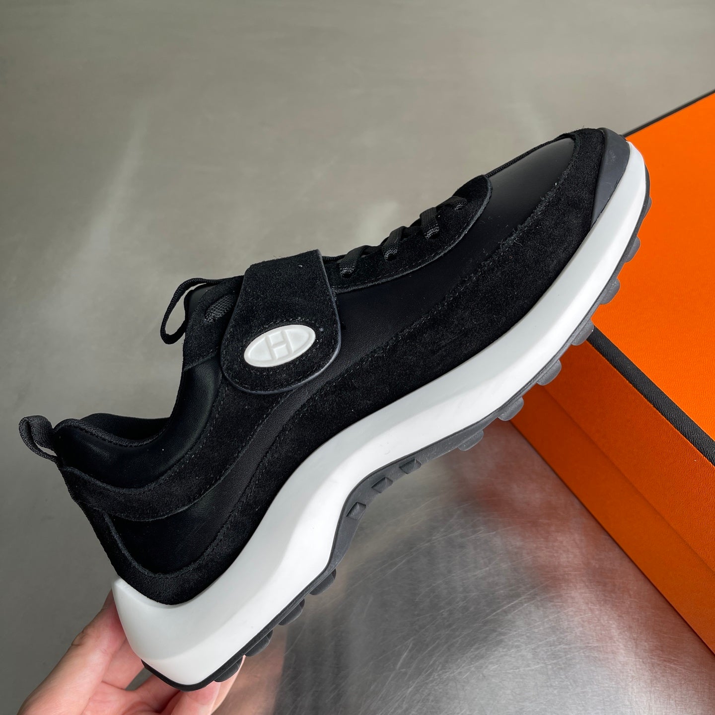 HM Men's Loop Sneaker Black Calfskin Suede 741467