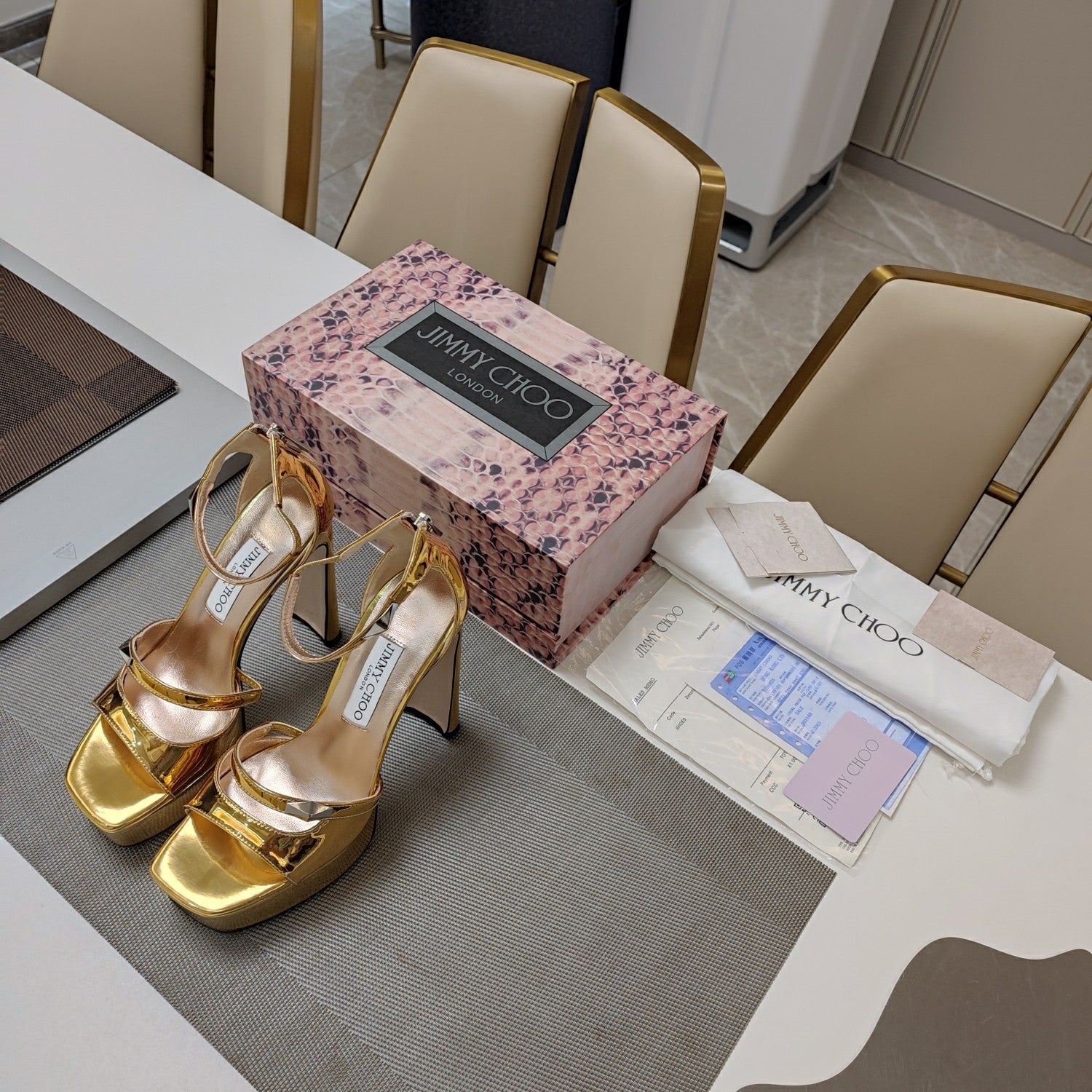 Jimmy 25 Platform Sandal Heels Gold Mirror TPU Material 240010