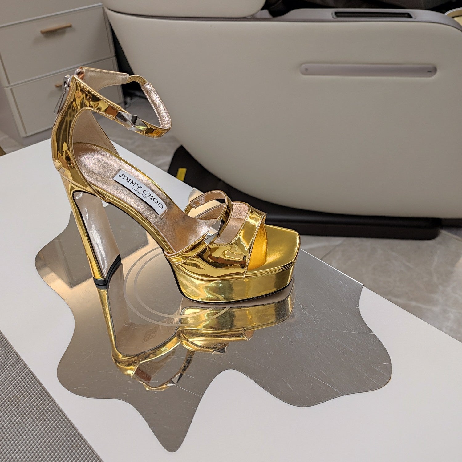 Jimmy 25 Platform Sandal Heels Gold Mirror TPU Material 240010