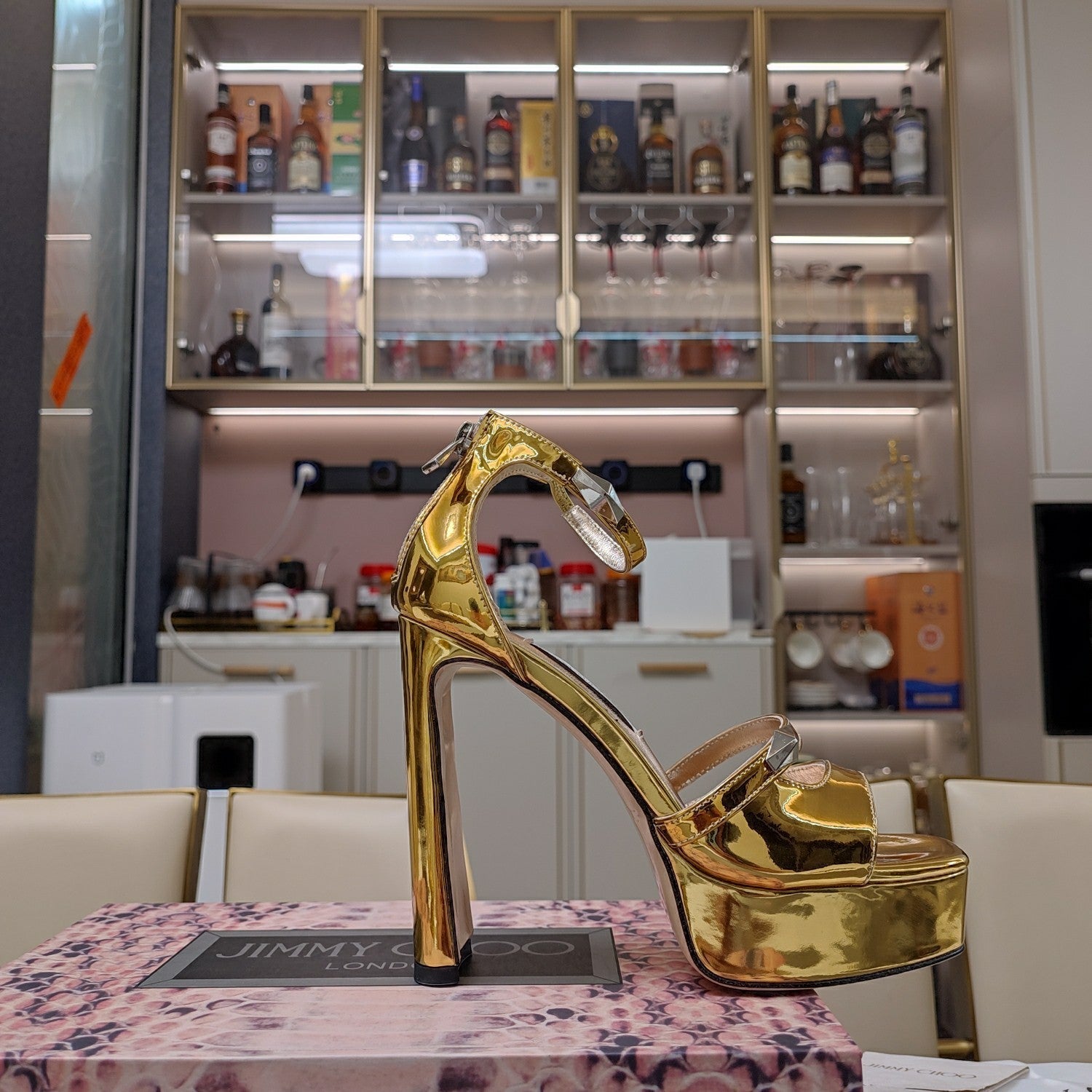 Jimmy 25 Platform Sandal Heels Gold Mirror TPU Material 240010
