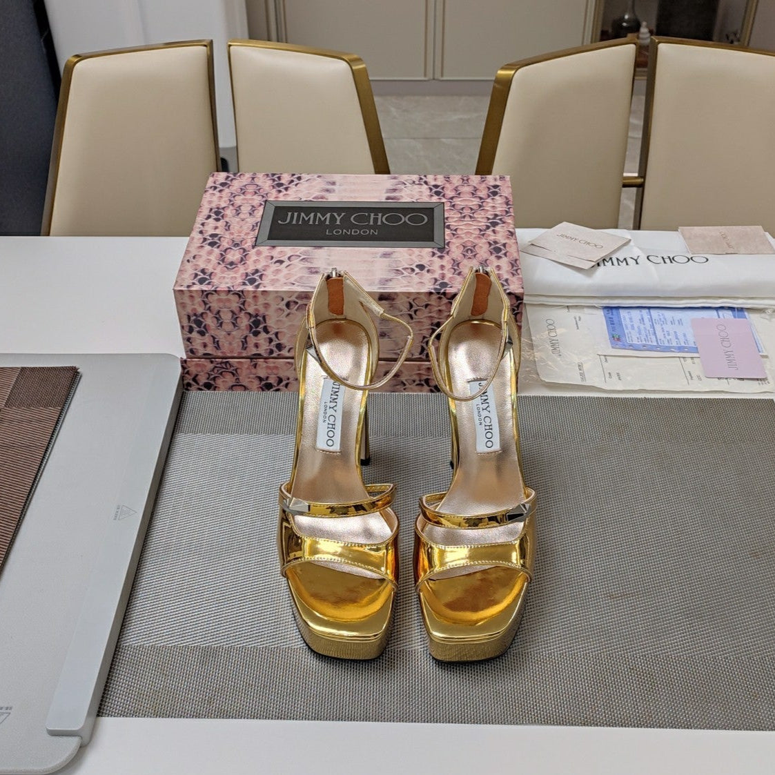 Jimmy 25 Platform Sandal Heels Gold Mirror TPU Material 240010