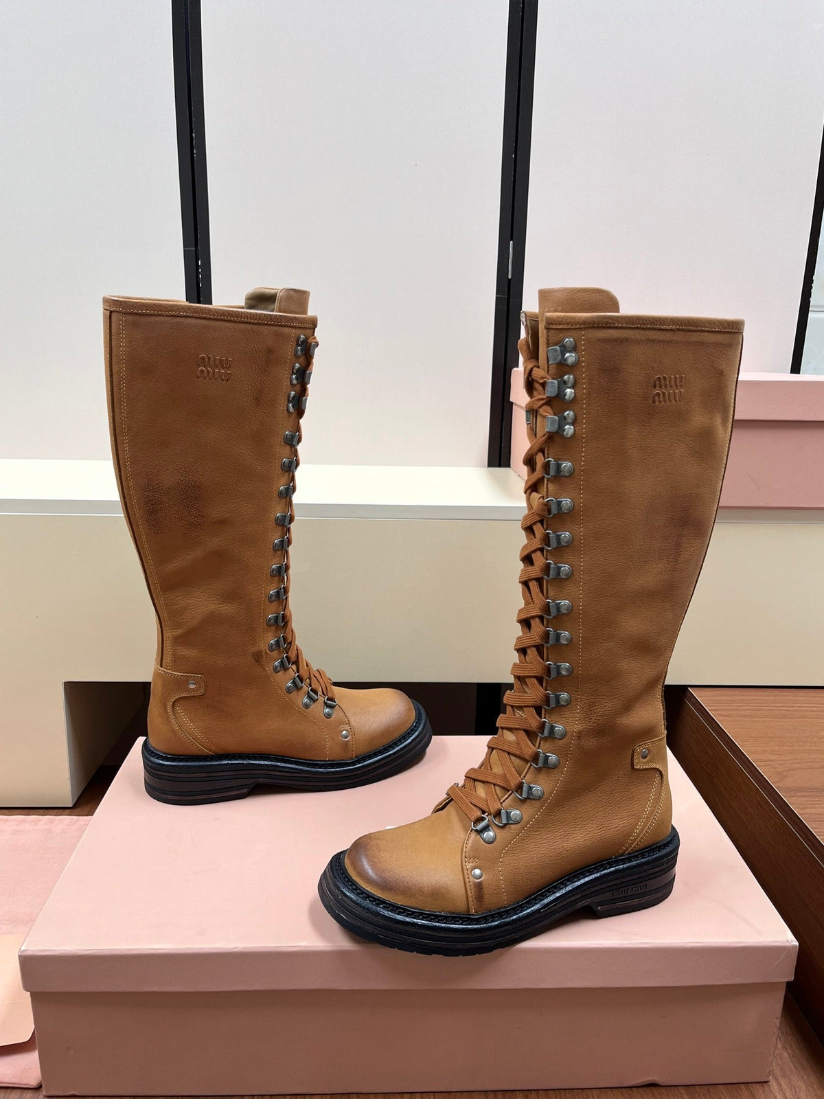 Miu Miu 2026 Lace-Up Boots Tan Leather 157085