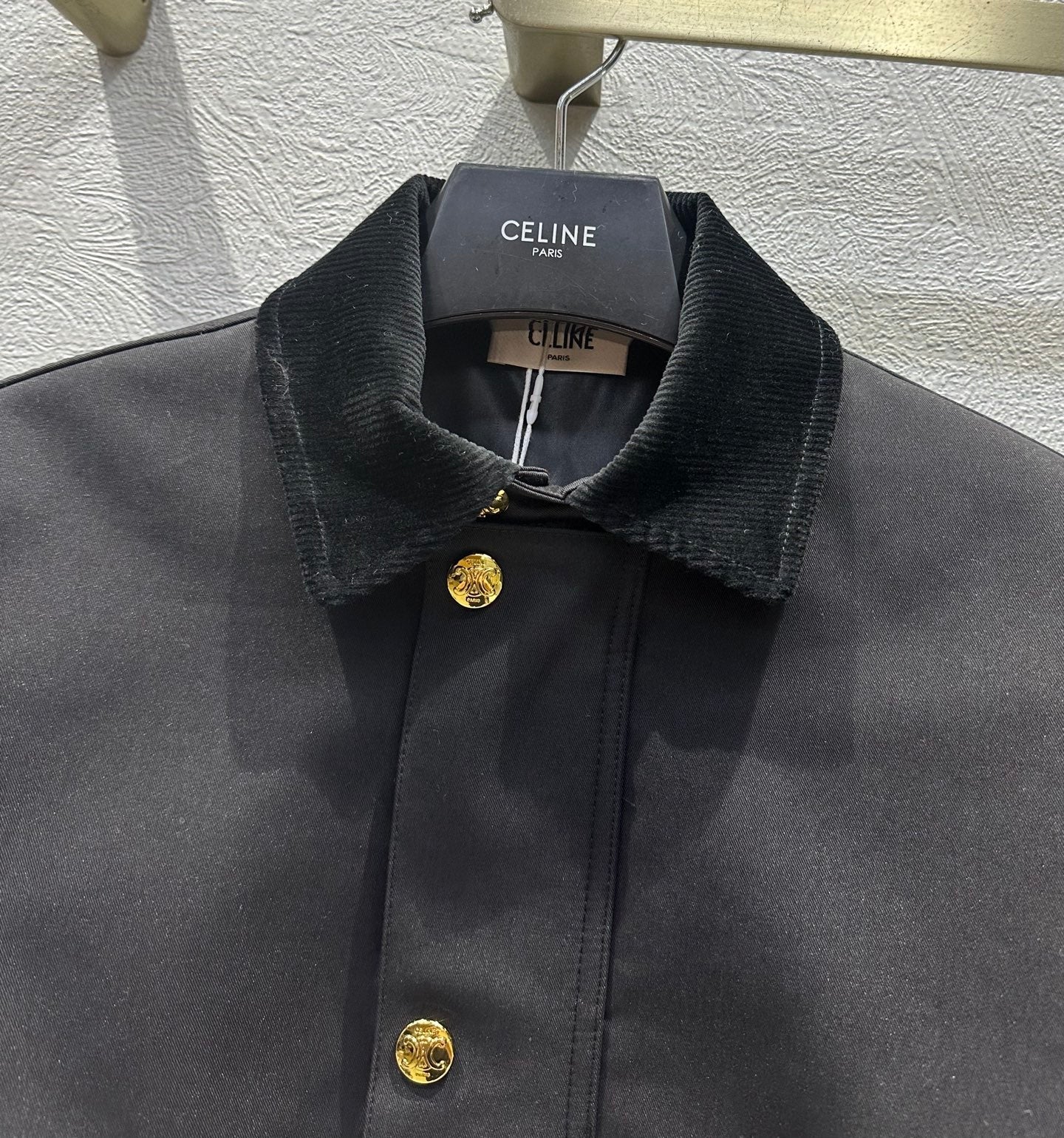 Celine 25 Lapel Short Trench Coat Black Gold Cotton Polyester