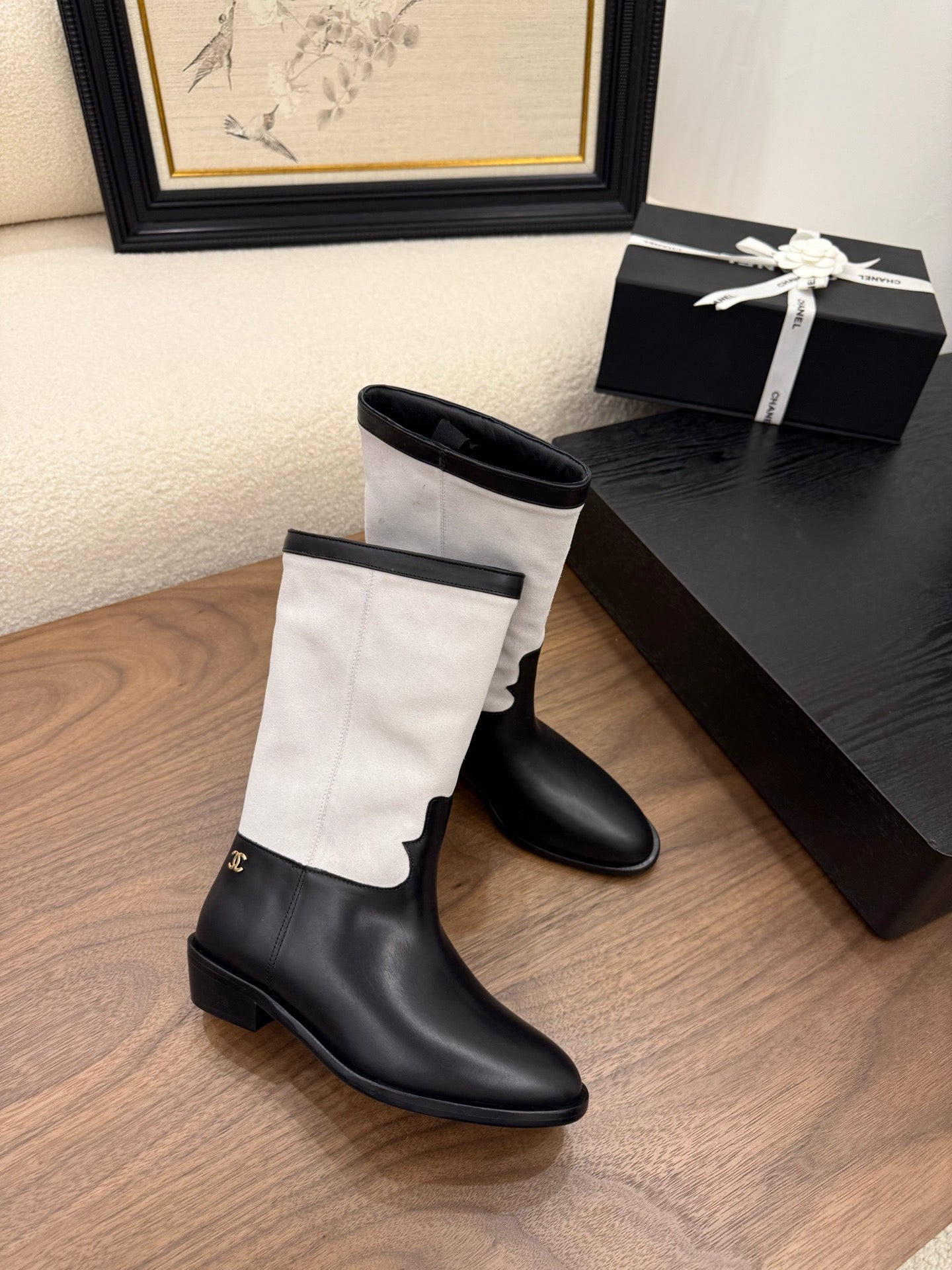 CC Short Boot Black White Calfskin 366071
