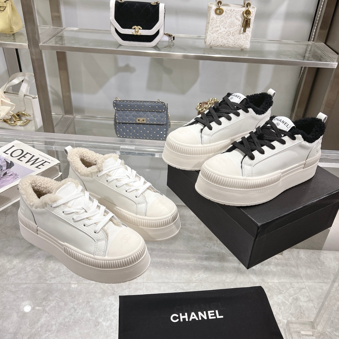 CC Sneaker White Cowhide Black Wool Lining