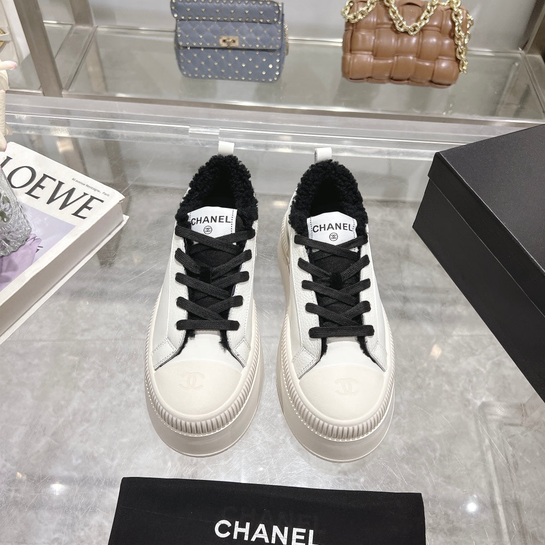 CC Sneaker White Cowhide Black Wool Lining
