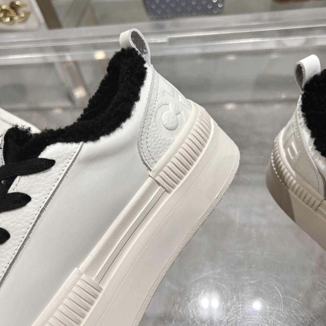 CC Sneaker White Cowhide Black Wool Lining