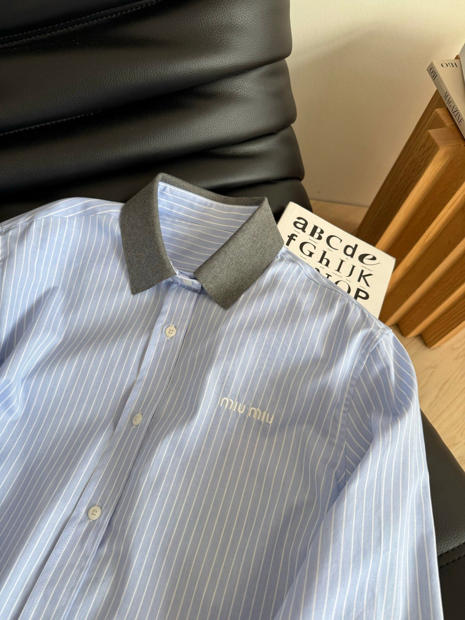 Miu Miu 25 Knitted Collar Patchwork Striped Shirt Blue Gray Cotton