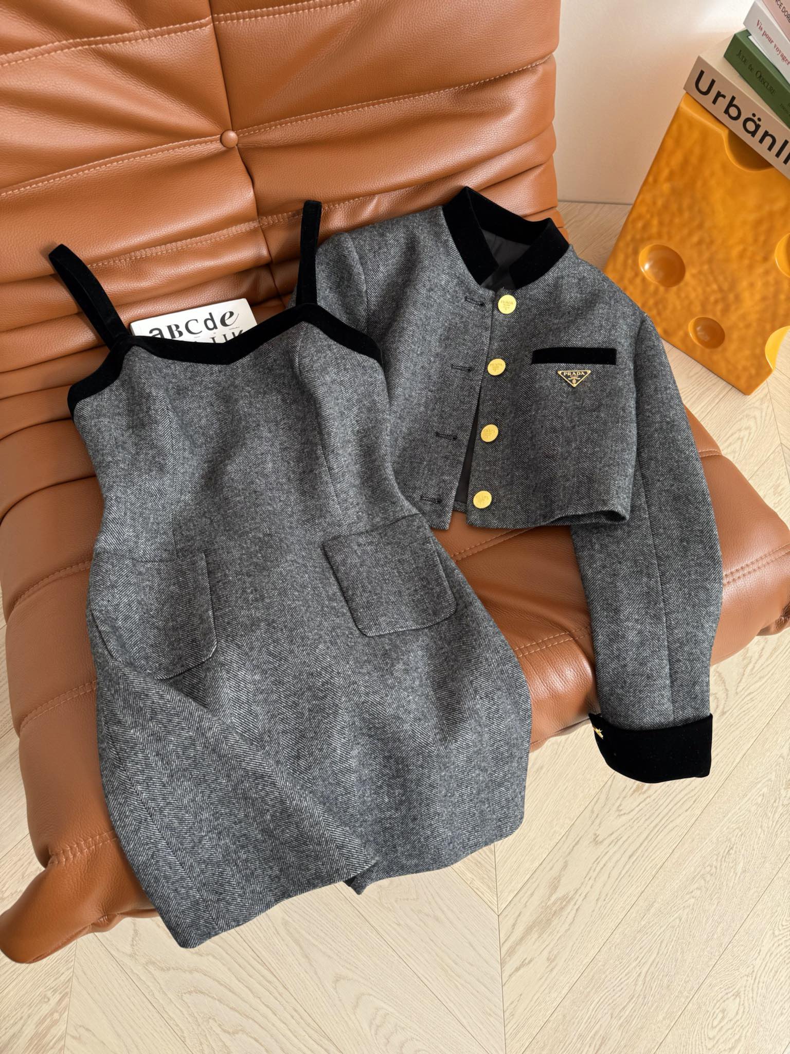 Prada 25 Dress and Jacket Set Gray Wool Polyester