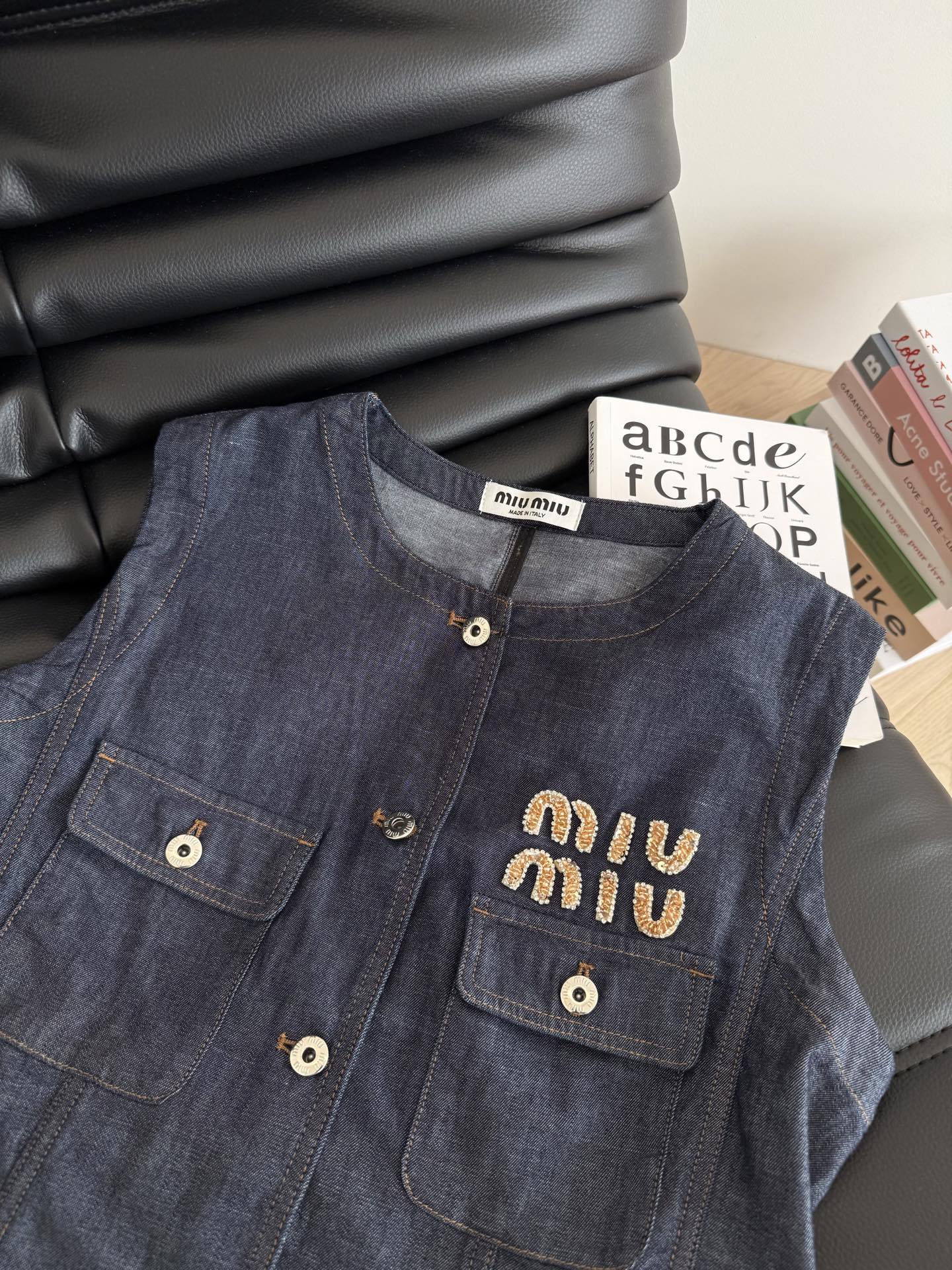 Miu Miu Beaded Letters Decorated Denim Suit Dark Blue Cotton