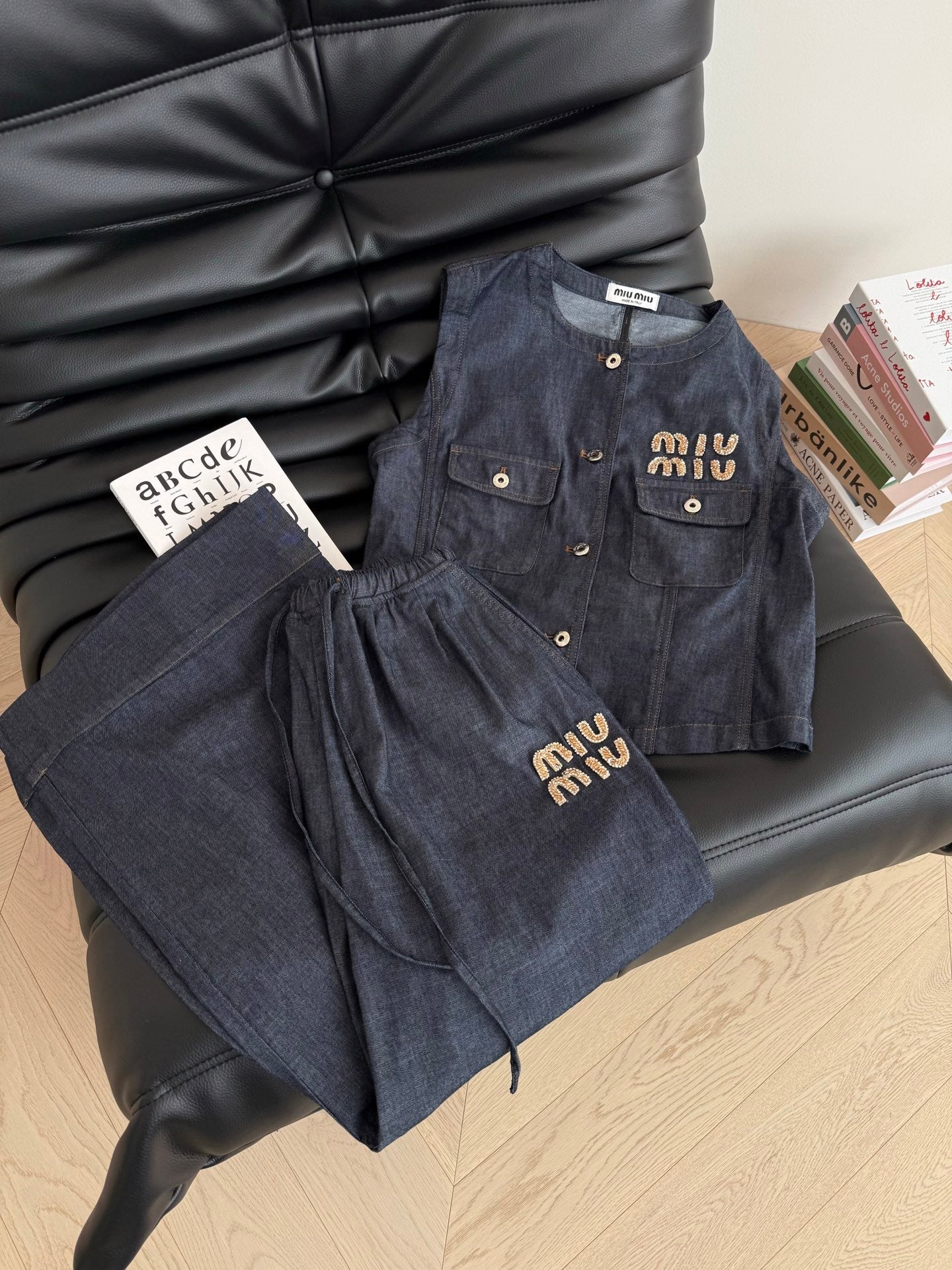 Miu Miu Beaded Letters Decorated Denim Suit Dark Blue Cotton