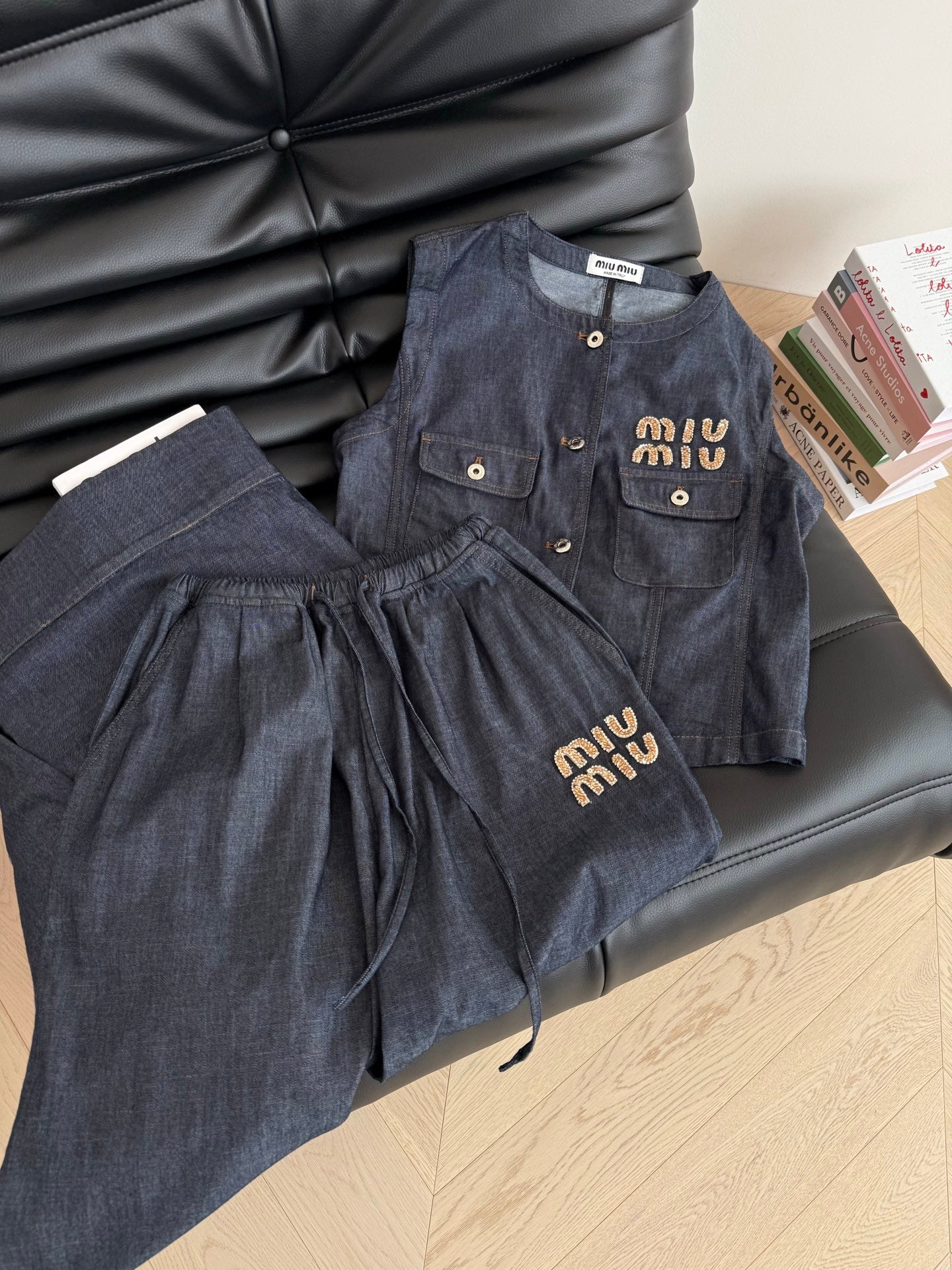 Miu Miu Beaded Letters Decorated Denim Suit Dark Blue Cotton