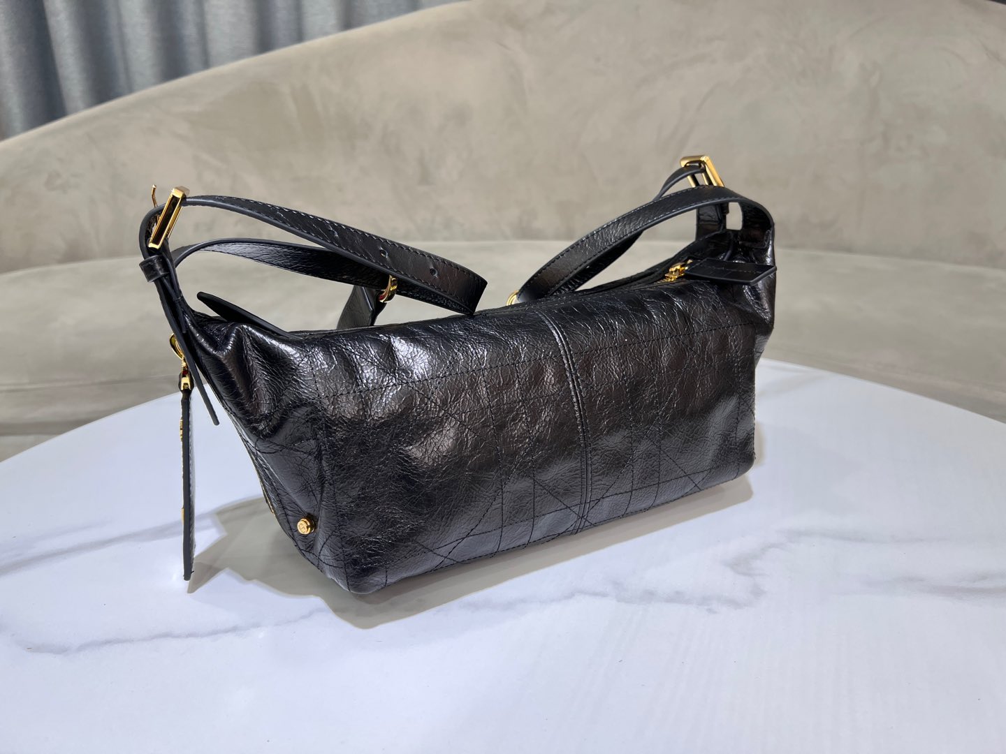 CD  Hobo Bag 23 With Chain Black Wrinkled Calfskin